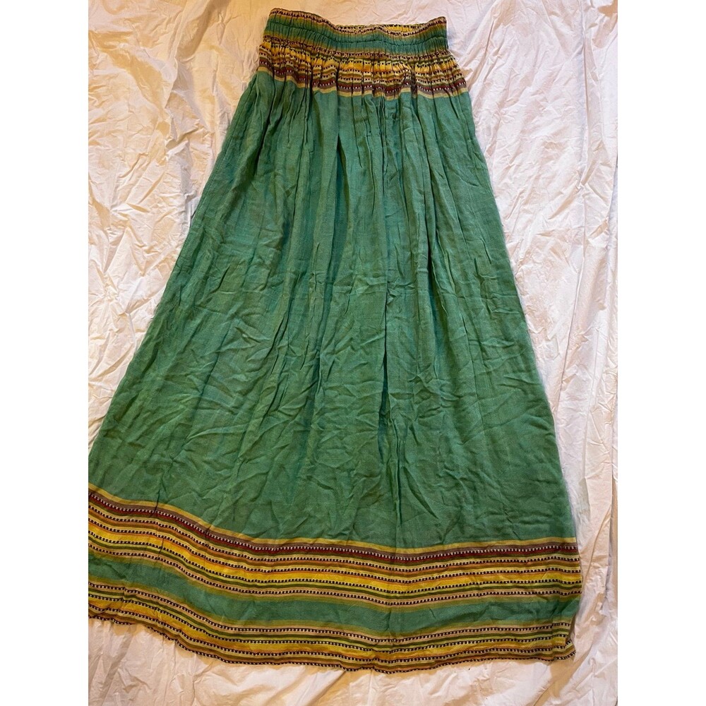 Woven Green Boho Maxi Summer Skirt Striped Trim Festival sz S - Picture 4 of 4